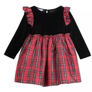 Pippa & Julie Stretch Velvet Plaid Dress In Red and Black Size 12 Months NWT